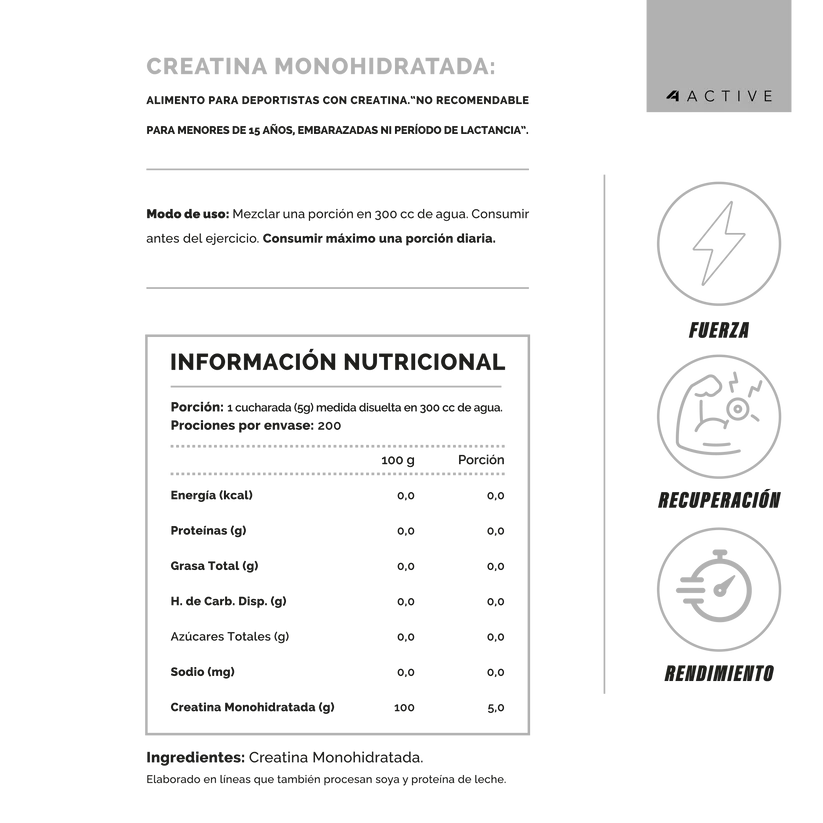 100% PURE Creatina - 1000 grs / 200 servicios, unflavored