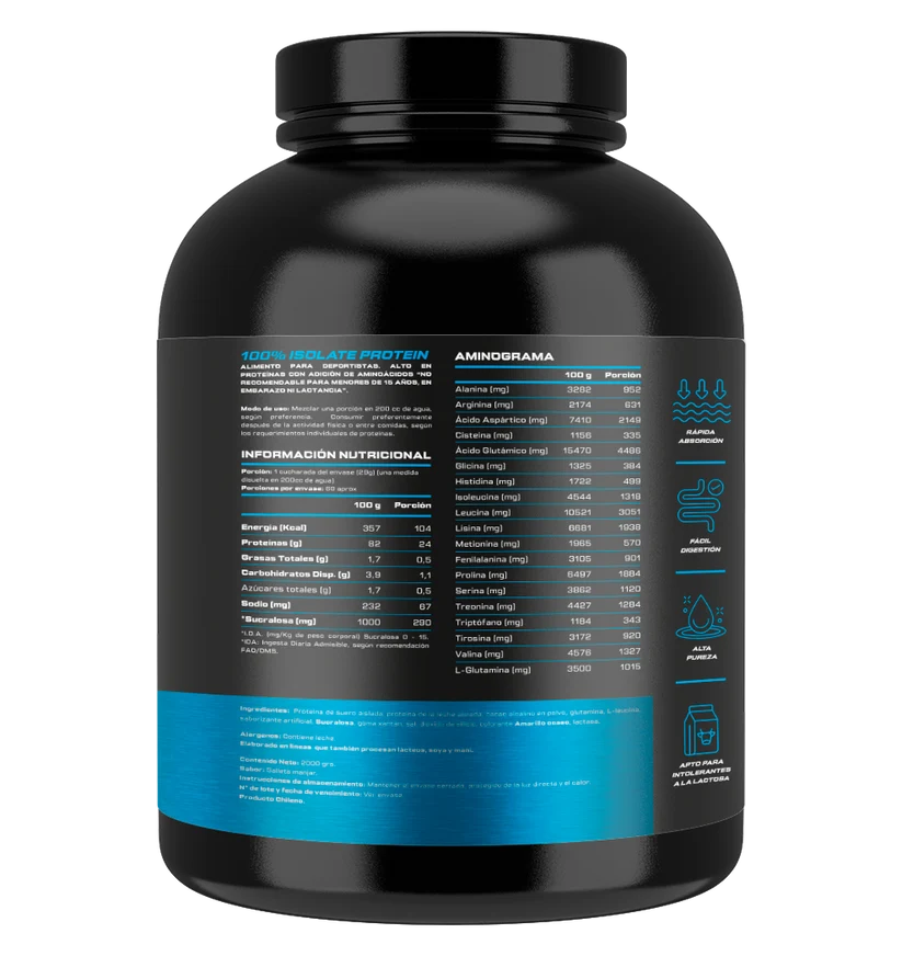 100% ISOLATE Protein (SIN Gluten / Lactosa / Azúcar) - 2000 grs / 69 servicios, sabores