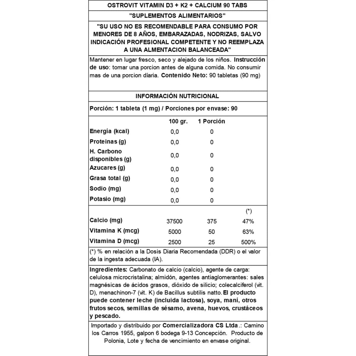 CALCIO Vitamina D3+K2 - 90 tabs / 90 servicio