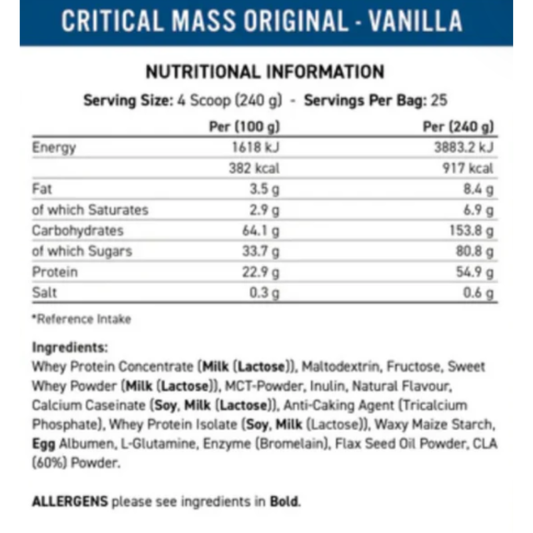 CRITICAL MASS high calorie gainer - 6 KG/ 25 servicios / Sabores