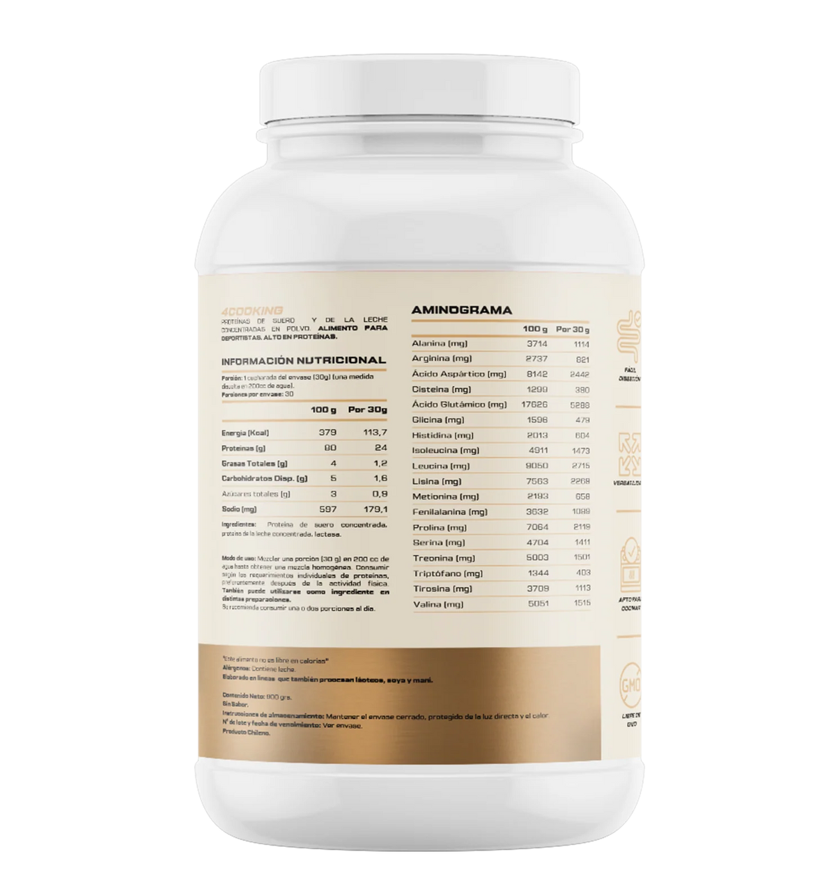 4COOKING Protein (SIN Azúcar) - 900 grs / 30 servicios, natural sin sabor (PARA COCINAR)