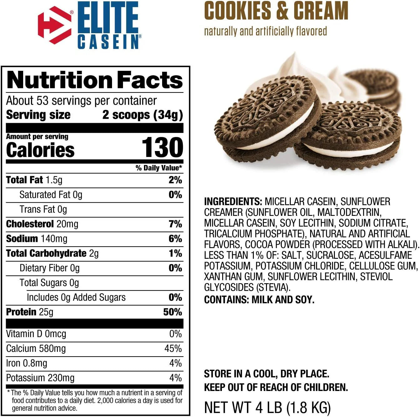 ELITE CASEIN Protein - 4 lbs / 53 servicios, sabores