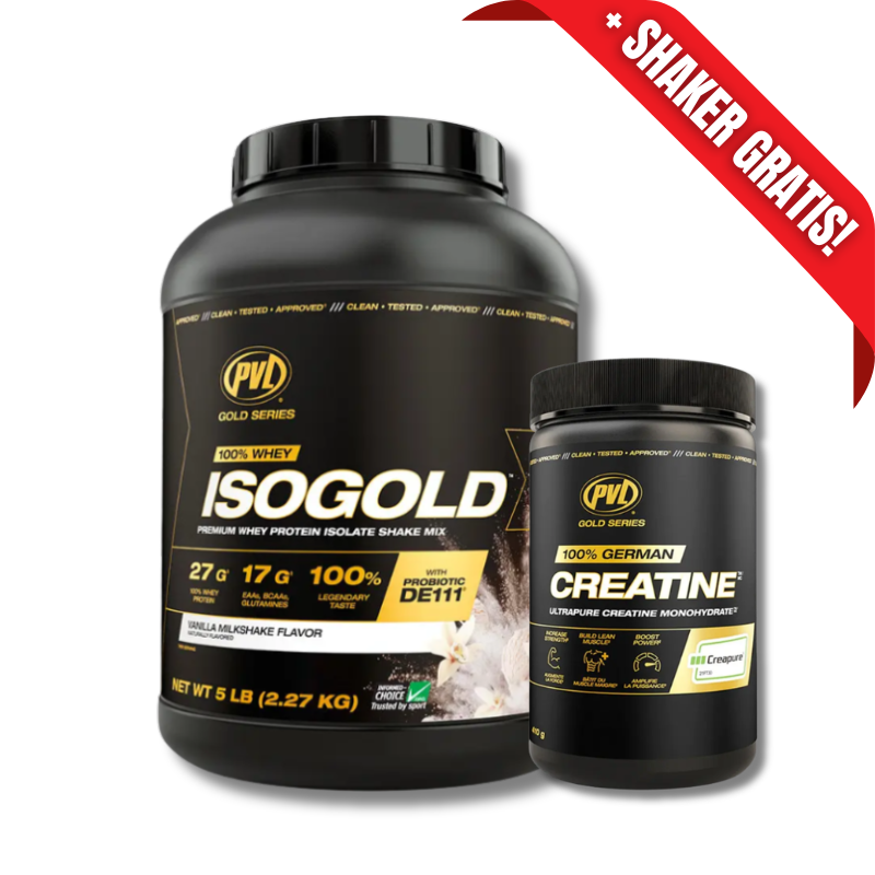 AHORRO PACK 17: ISO GOLD Premium Whey Protein ISOLATE Shake Mix- 5 lbs / 73 servicios, sabores + 100% GERMAN Creatina ULTRAPURE Monohydrate (CREAPURE) - 410 grs / 82 servicios, unflavored