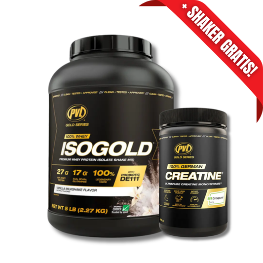 AHORRO PACK 17: ISO GOLD Premium Whey Protein ISOLATE Shake Mix- 5 lbs / 73 servicios, sabores + 100% GERMAN Creatina ULTRAPURE Monohydrate (CREAPURE) - 410 grs / 82 servicios, unflavored