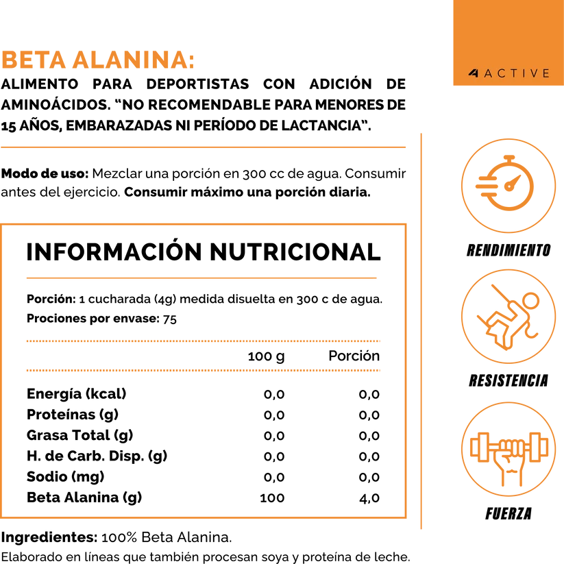 100% BETA ALANINA - 300 grs / 75 servicios, unflavored