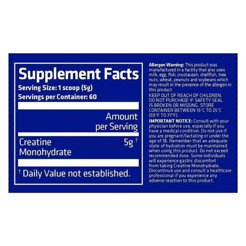 CREATINA Monohydrate POWDER – 300 grs / 60 servicios, unflavored