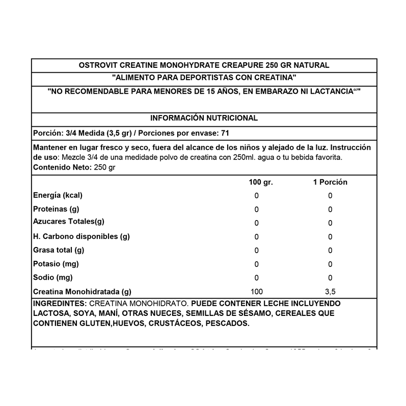 Creatina Monohydrate CREAPURE - 250 grs / 71 servicios, unflavored